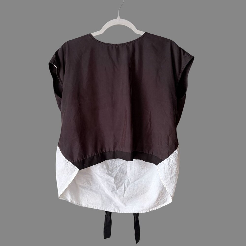 Mod Ref Colorblock Tie Front Top Black White Hi Low Hem Shirt Size Medium - Picture 2 of 8